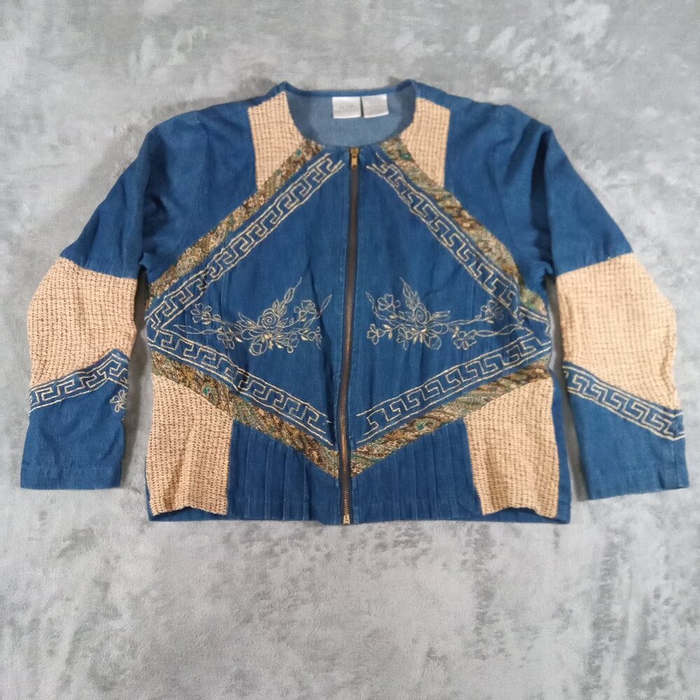 Blair Boutique Denim Tweed Jacket Women M Floral Full Zip Embroidered Aztec